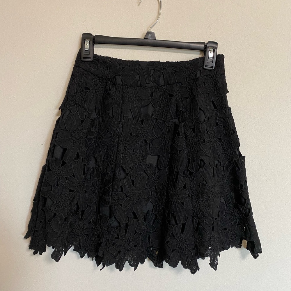 Soprano Black Skater Mini Skirt Cut Out Lace Design Aysmmetrical Hem Sz S EUC